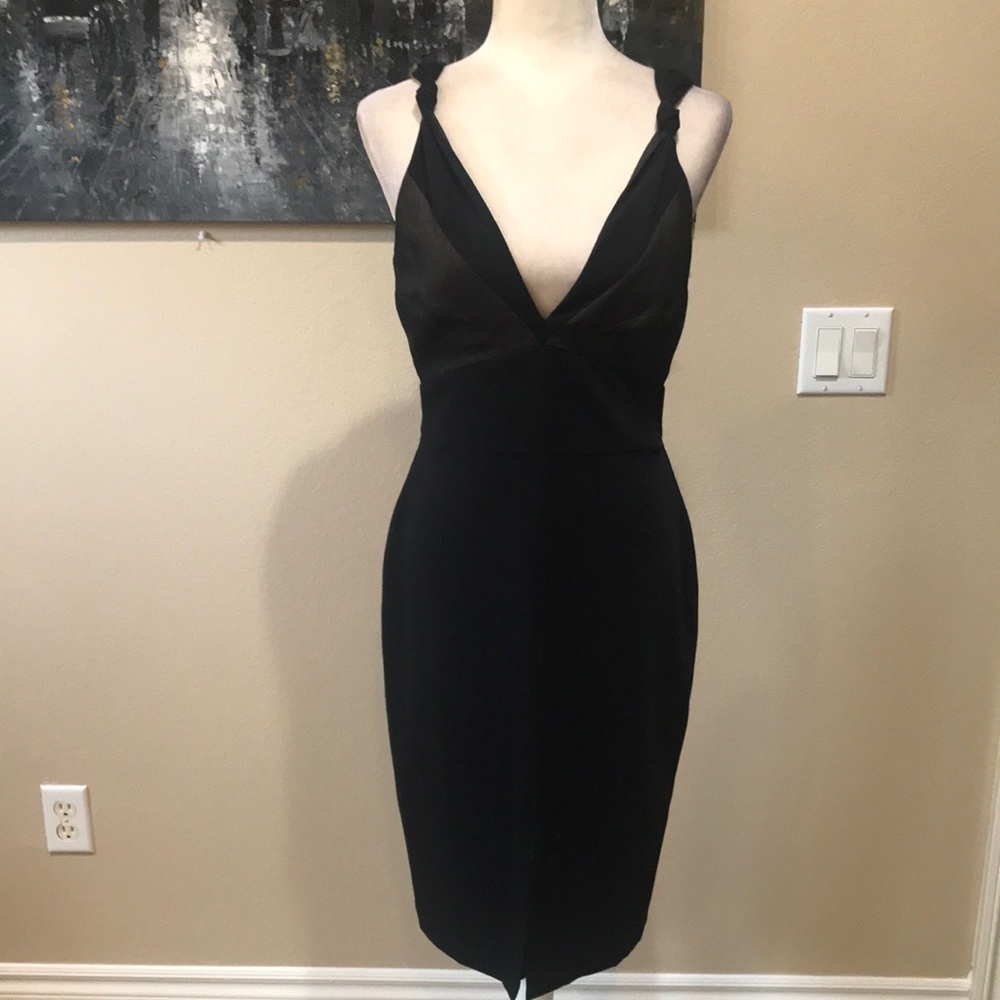 Harlyn Black with Tan Inset Knotted Shoulder Deep V Neck Dress Front Split-S